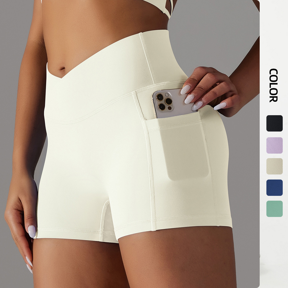 Double Sided Nylon Brushed Cross V Waist Pocket Fitness Yoga Shorts Running Sports Three Point Pants for Women