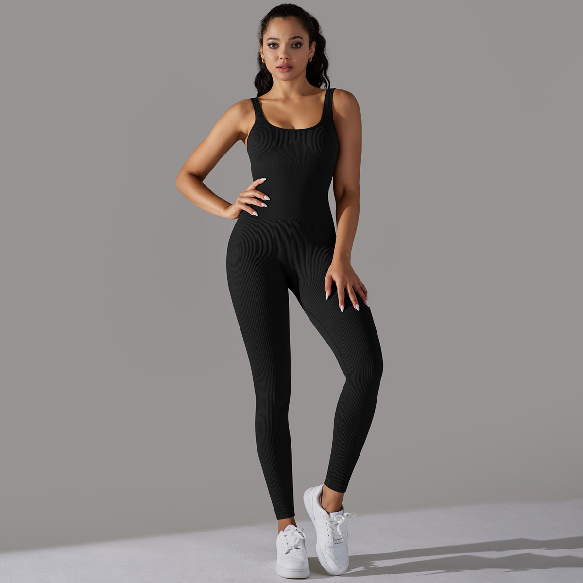 Sewn Knit Thread Solid Color Skinny Flat Neck Bodysuit Exercise Running Fitness Yoga Clothing One Piece Suit - Image 8