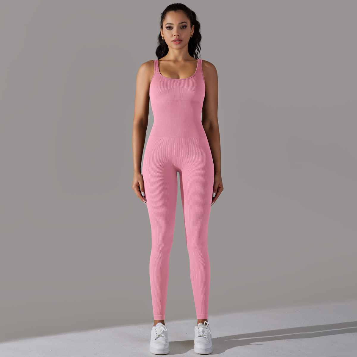 Sewn Knit Thread Solid Color Skinny Flat Neck Bodysuit Exercise Running Fitness Yoga Clothing One Piece Suit