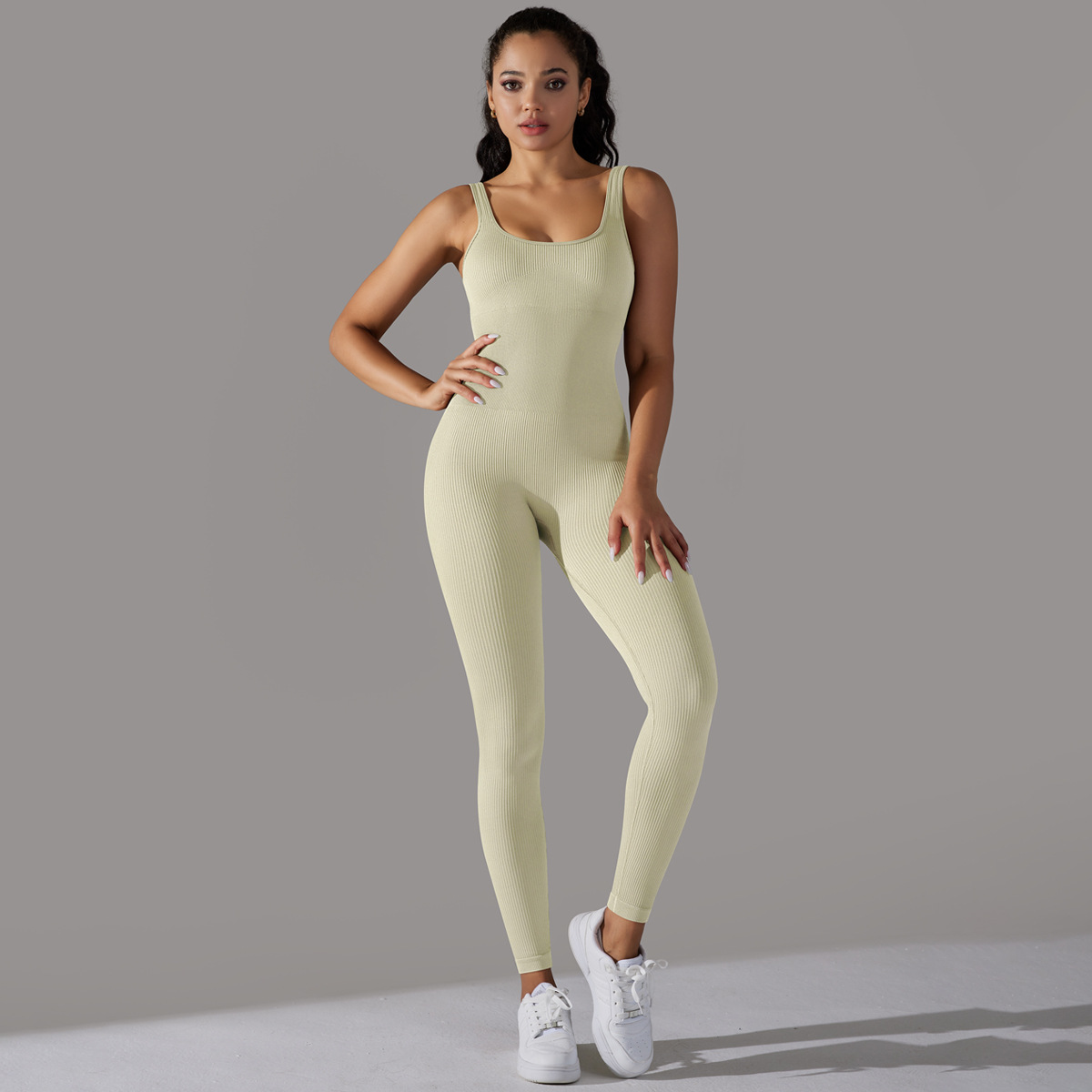 Sewn Knit Thread Solid Color Skinny Flat Neck Bodysuit Exercise Running Fitness Yoga Clothing One Piece Suit - Image 3