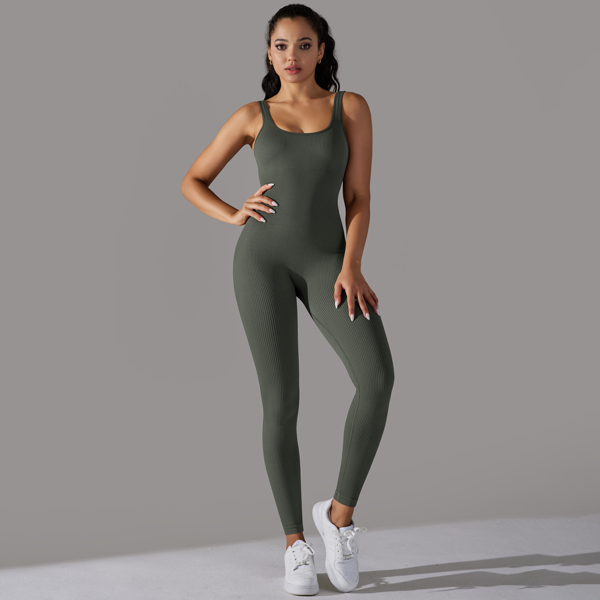 Sewn Knit Thread Solid Color Skinny Flat Neck Bodysuit Exercise Running Fitness Yoga Clothing One Piece Suit - Image 2