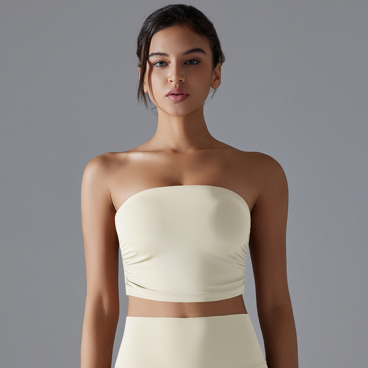Solid color wrap yoga wear top ruched bustier breathable slimming anti-slip running sports underwear fitness clothing