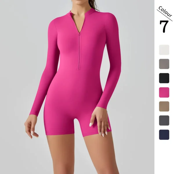 Zipper open neck tight high elastic jumpsuit sports fitness running three-quarter one-piece shorts yoga wear
